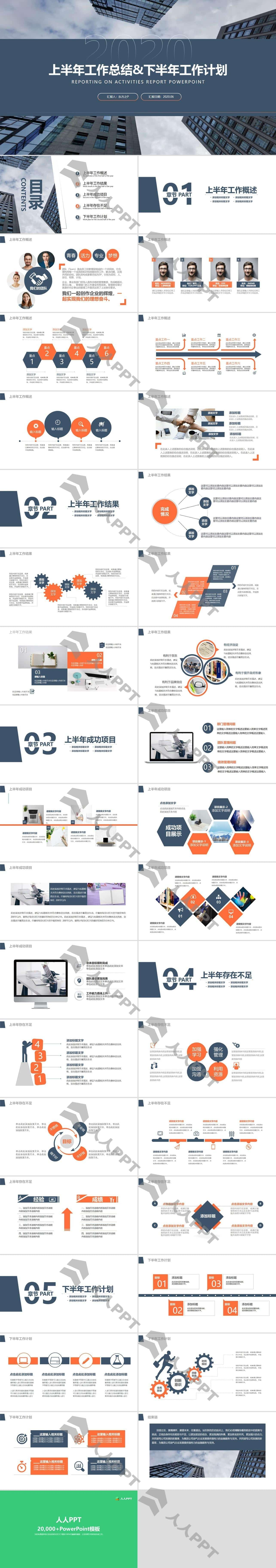 上半年工作总结下半年工作计划扁平实用商务通用PPT模板长图