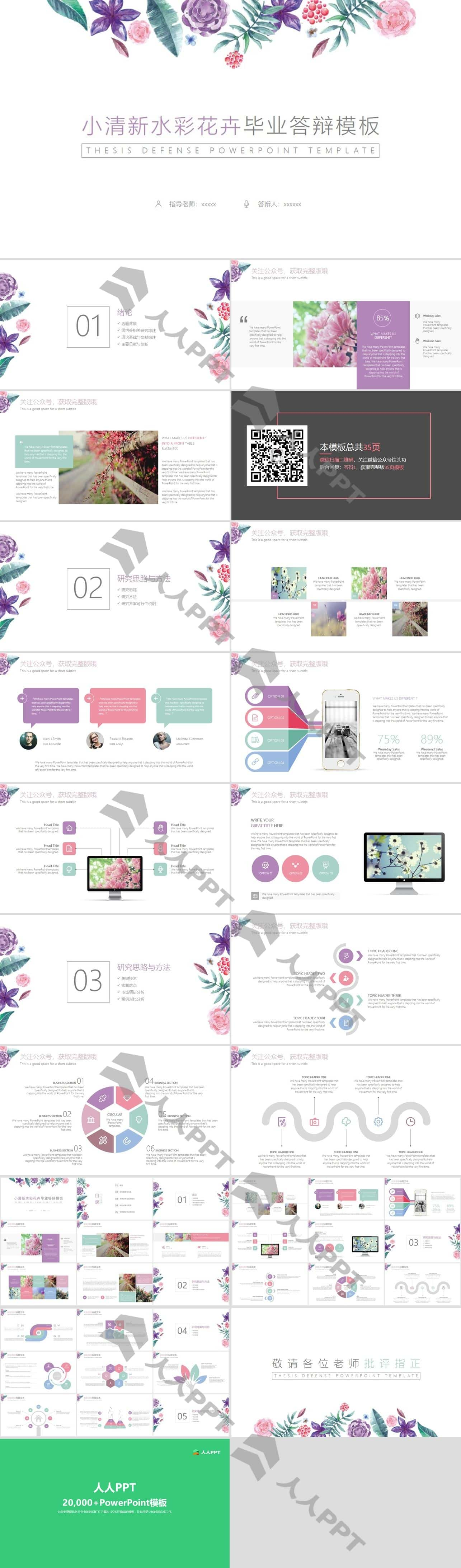 植物花卉水彩小清新简约扁平风论文答辩PPT模板长图
