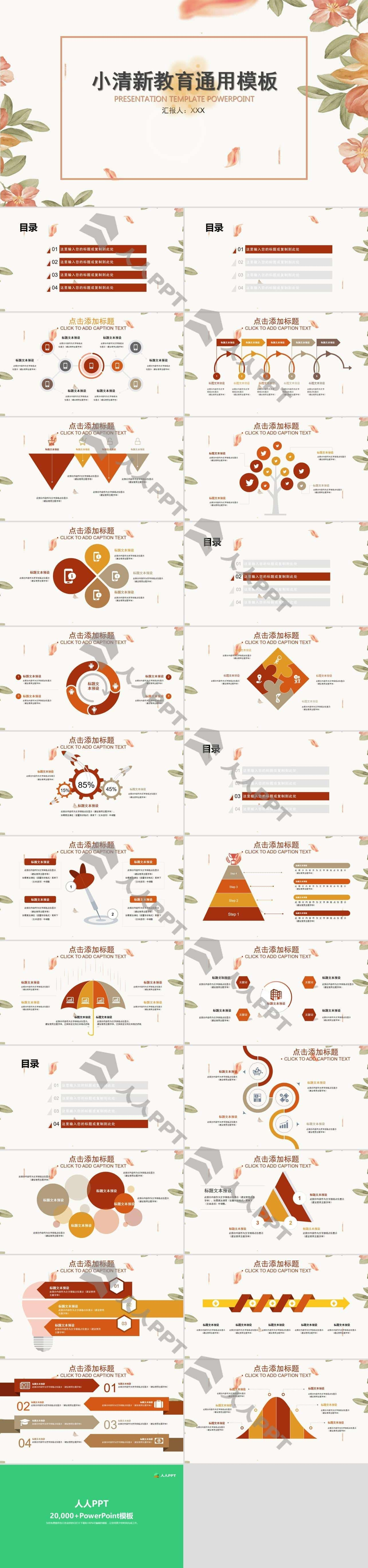 叶子小花植物插画小清新工作总结汇报通用PPT模板长图