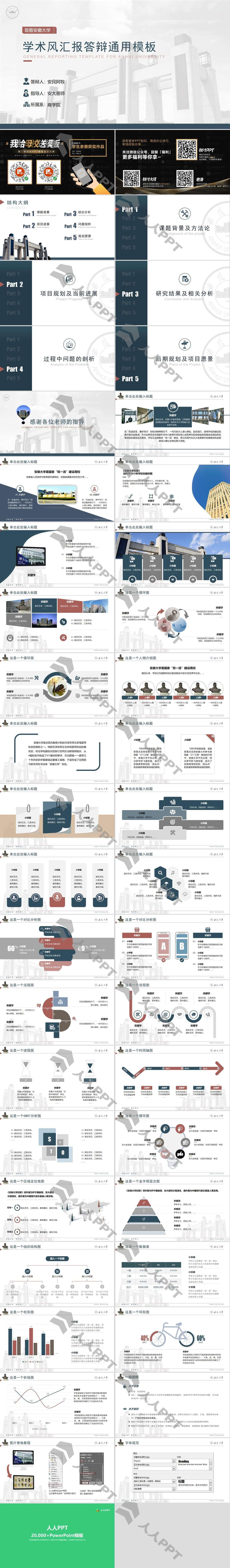 学术风安徽大学毕业论文汇报答辩PPT模板长图