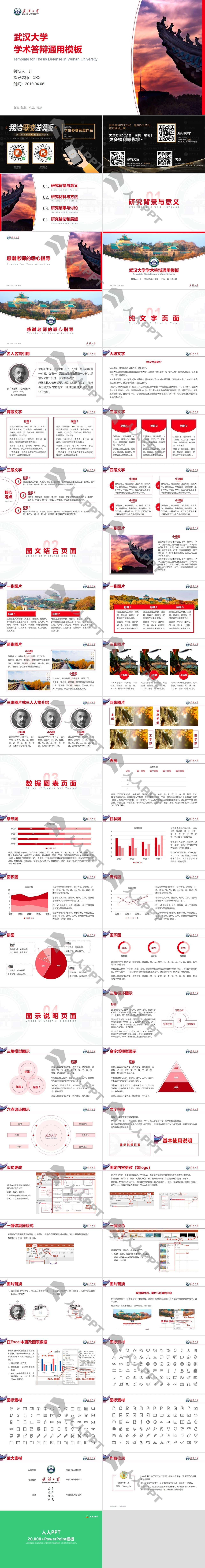 简约几何风武汉大学论文答辩通用PPT模板长图