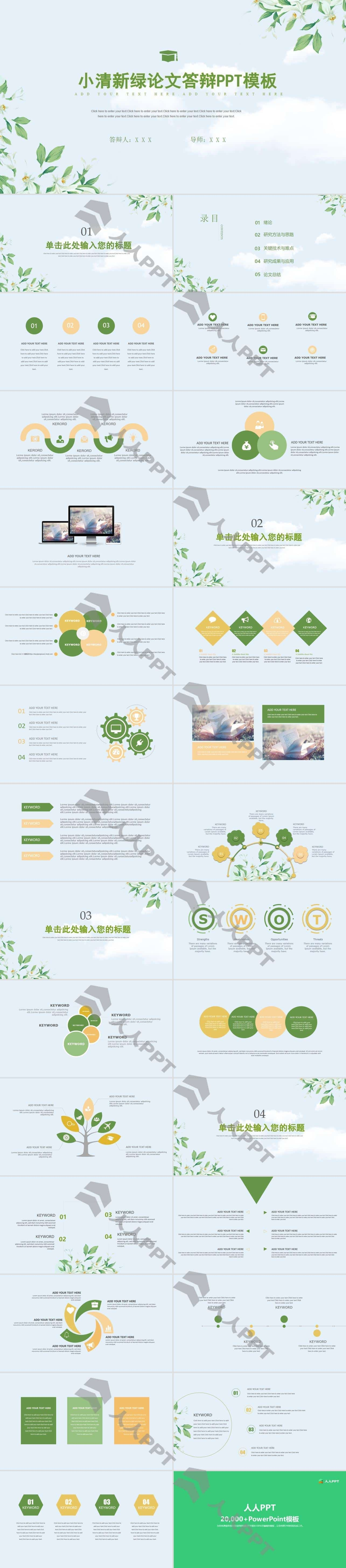 绿叶花朵植物淡雅小清新学术论文答辩PPT模板长图