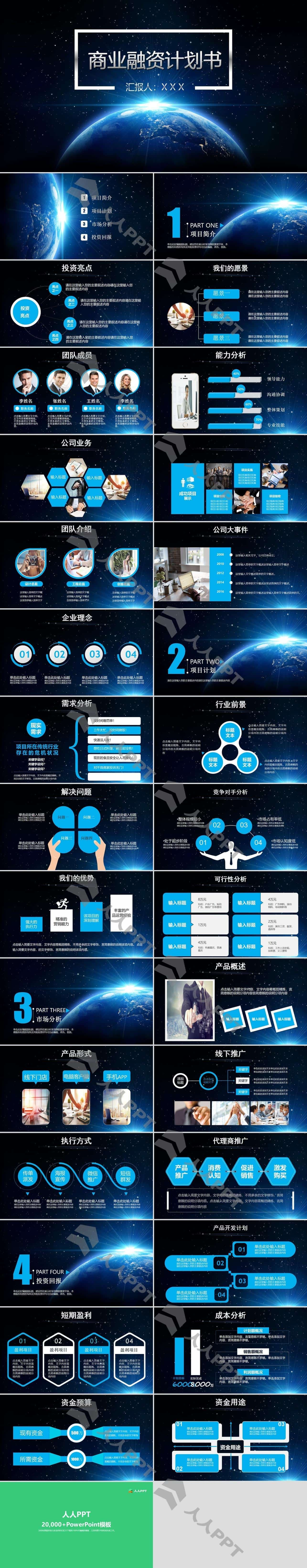 地球星空背景商业融资计划书PPT模板长图