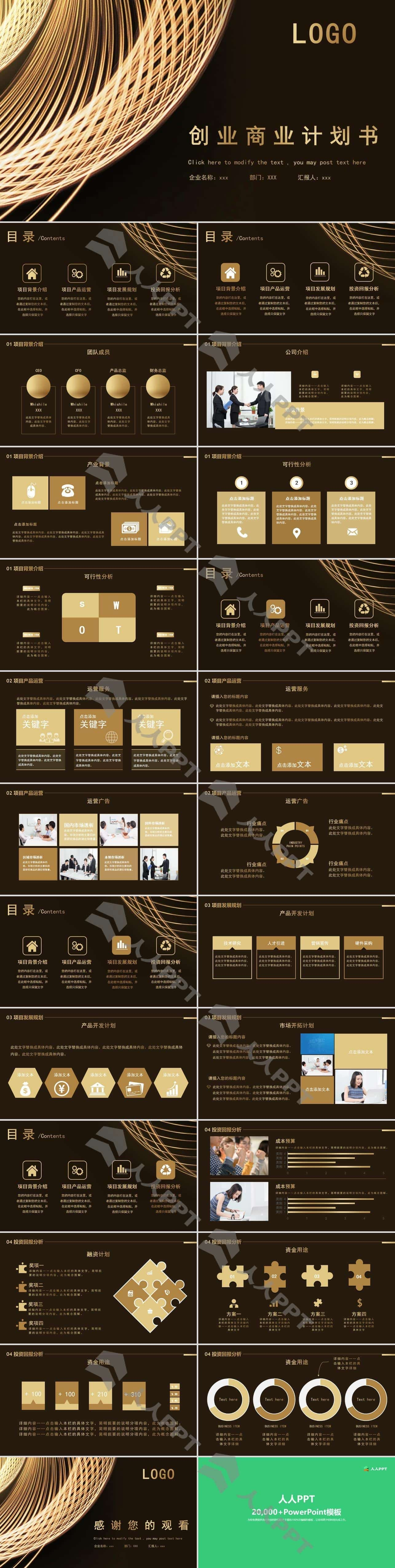 完整框架尊贵黑金创业商业计划书PPT模板长图