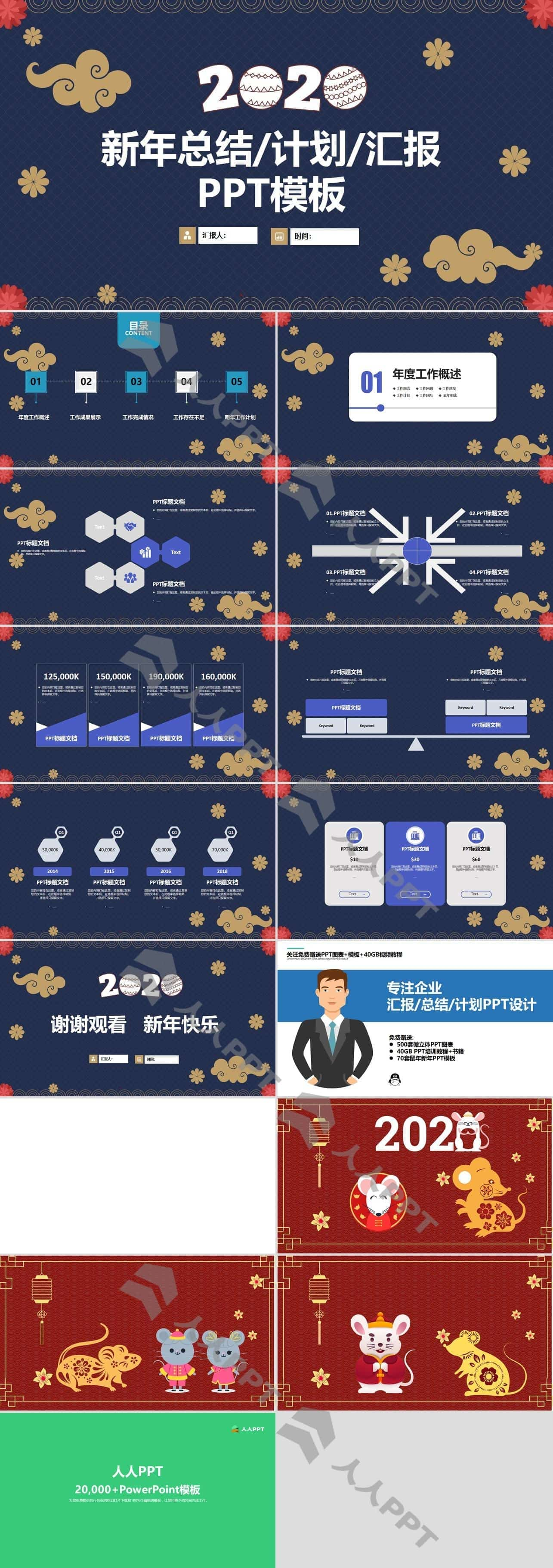 2020简约卡通风年终总结新年工作计划PPT模板长图