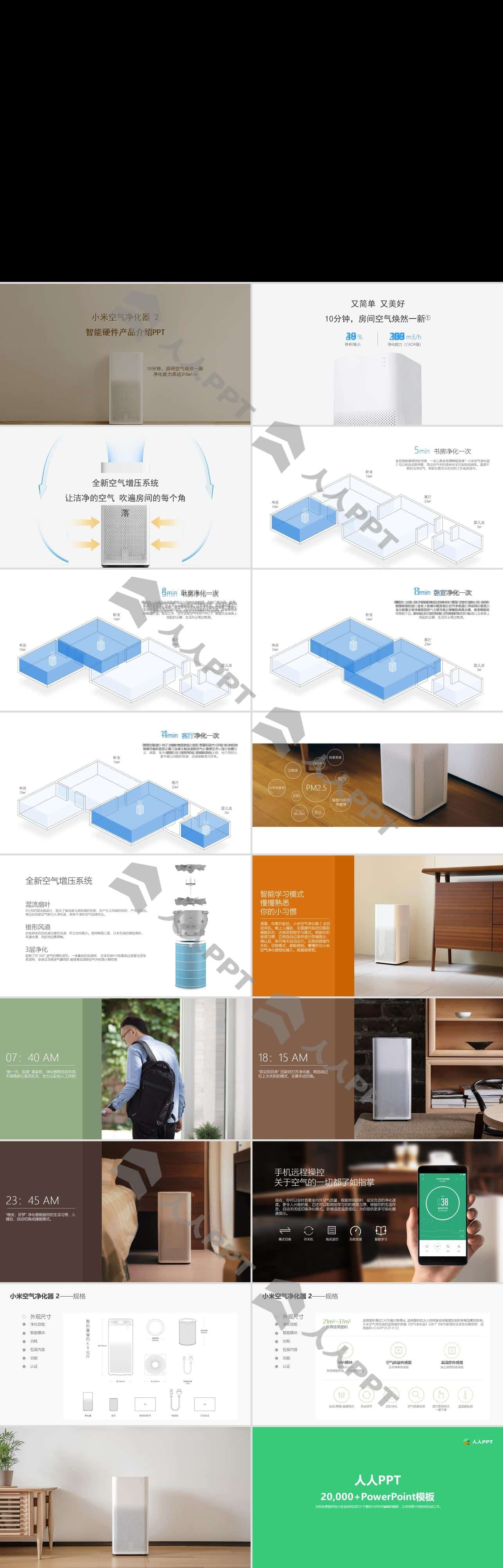 小米空气净化器 II 智能硬件产品介绍PPT模板（动画版）长图