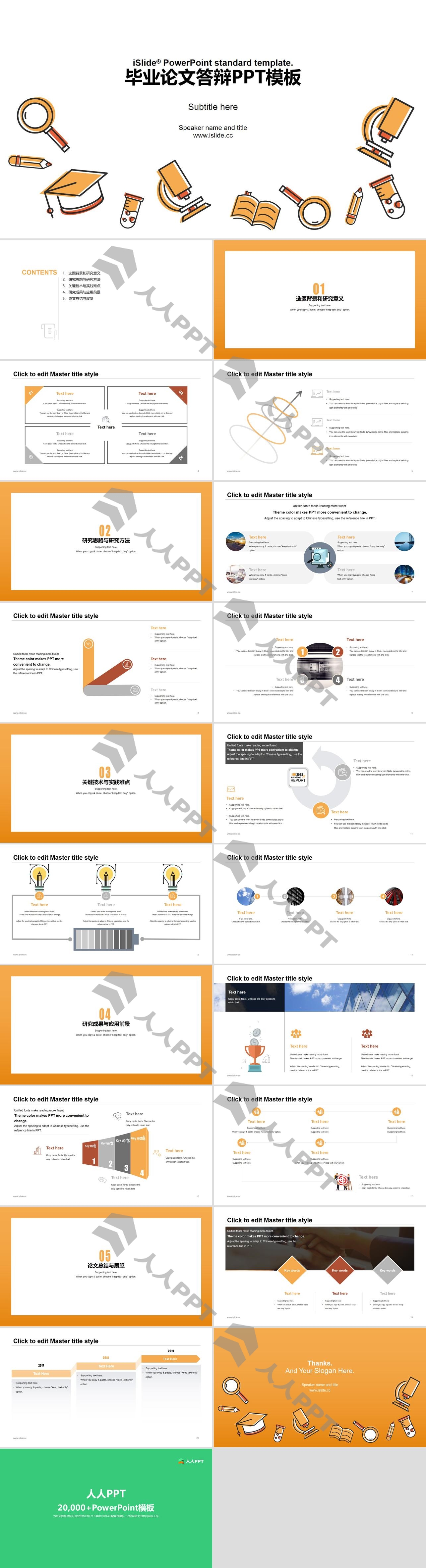 橙色教育教学卡通图标应届生论文答辩通用ppt模板长图