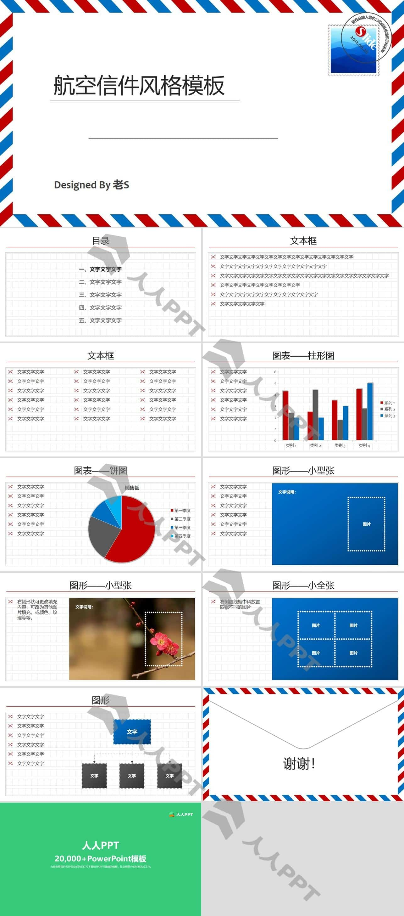 创意航空信件风格PPT模板长图